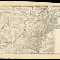 A map of the middle British colonies in North America. First published by Lewis Evans, of Philadelphia, in 1755; and since corrected and improved, as also extended, with the addition of New England, and bordering parts of Canada; from actual surveys now lying at the Board of Trade.